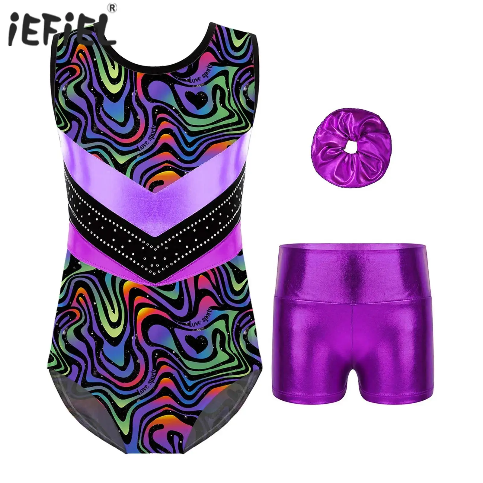 Body da ginnastica per ragazze 3 pezzi Body da ballo senza maniche Body stampato e pantaloncini da ballo a vita alta con set di elastici per capelli arricciati