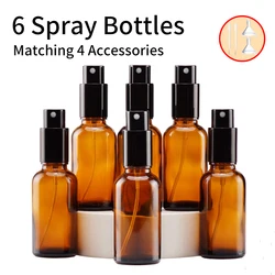 6pcs+4 accessories 30ml amber glass spray bottle with 6 spray bottles, 2 funnels, 2 droppers. With fine spray, metal cap.