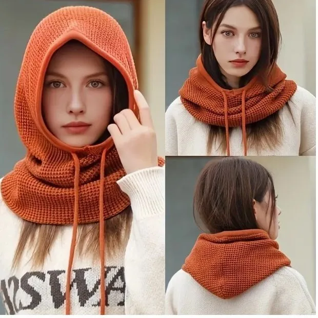 Knitted hooded scarf autumn and winter multi-functional solid color integrated women's hooded ear protector thickened scarf