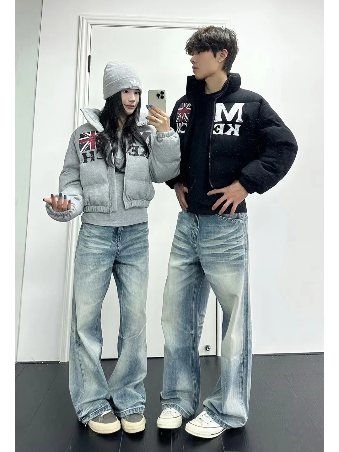 

Waed Blue Lightning Pattern Men's Jeans Winter American High Street Vibe Micro Flared Knife Pants Couple's Casual Wear