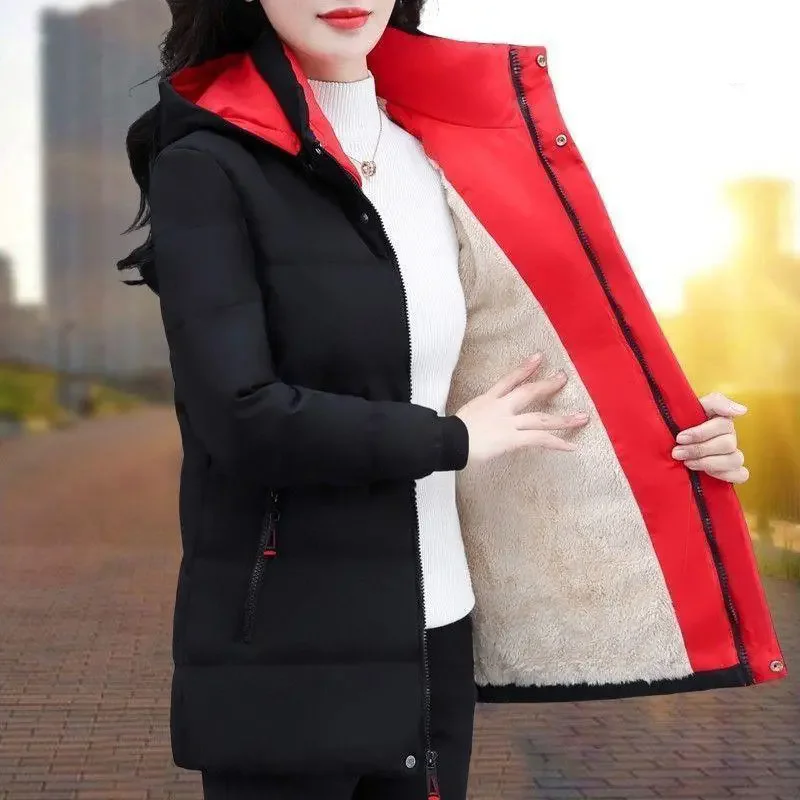 Winter Ladies Jacket New 2025 Add Velvet Add Cotton Down Cotton Clothes Women Coats Loose Removable Cap Warm Female Outerwear