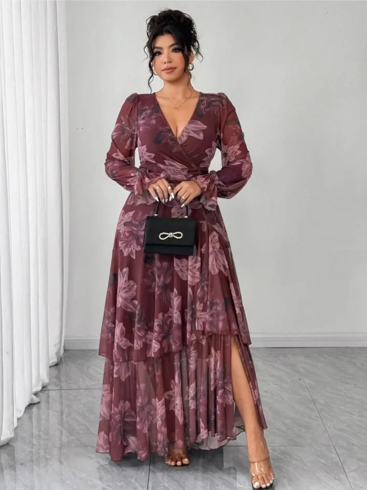 

L-4XL Plus Size Elegant Maxi Dress 2026 Spring Summer Women Office Lady Casual Long Sleeve Flower Print Robe Oversize Dress