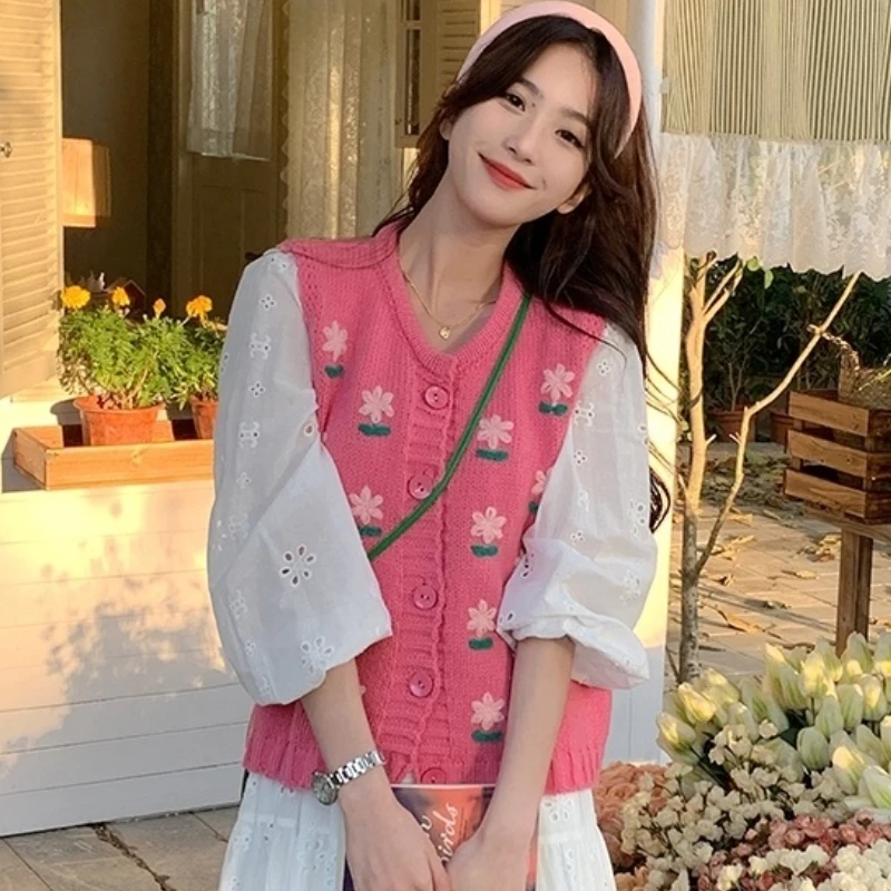 Sweater Vest Women Flowers Loose Sweet Cozy All-match Tender Sleeveless Casual Spring Knitting Ins Ulzzang Chic Fashion Students