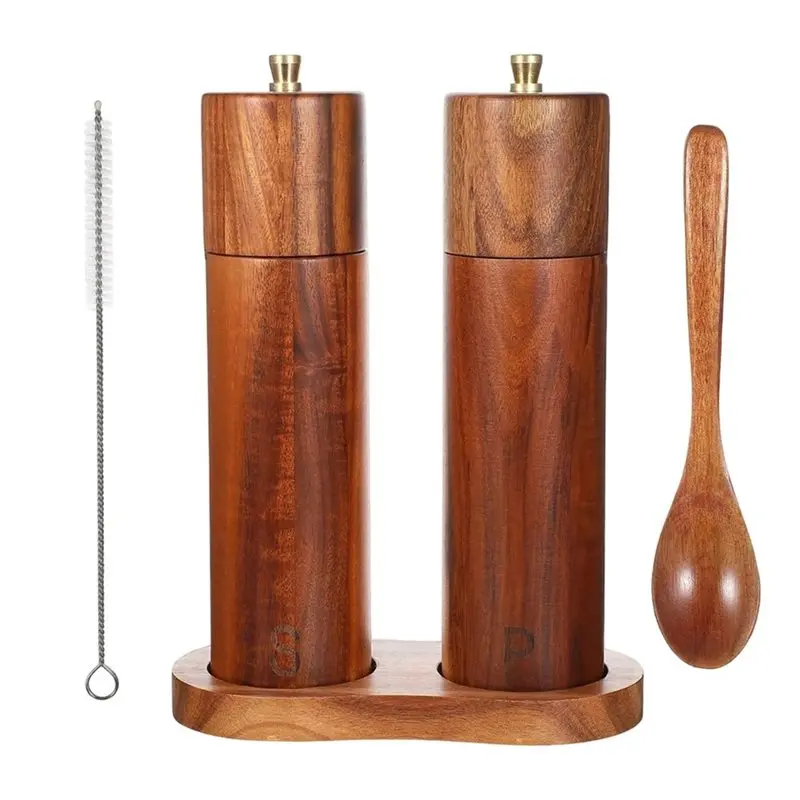 EYFL-For Kitchen Home Gift- Wood Salt And Pepper Grinder Set(2-Pack), 8 Inch Adjustable Coarseness Mill With Brush And Spoon