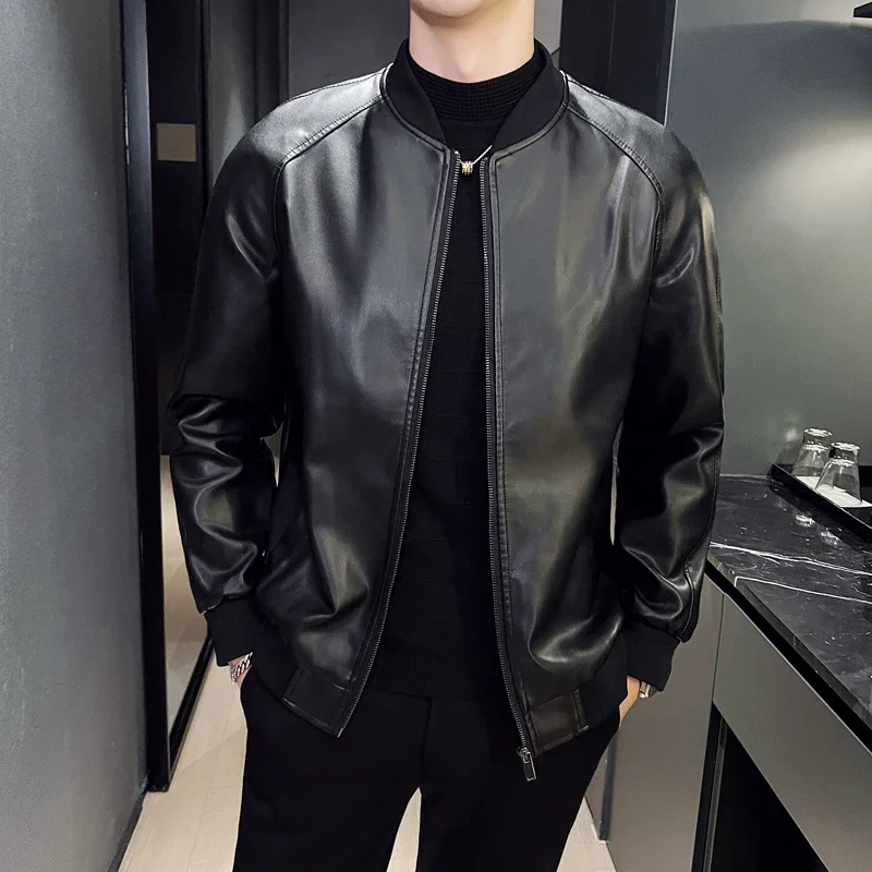 Men's PU Leather Jacket Fashion Baseball Collar Casual  Jackets Solid Color Motorcycle Leather Outerwear Men