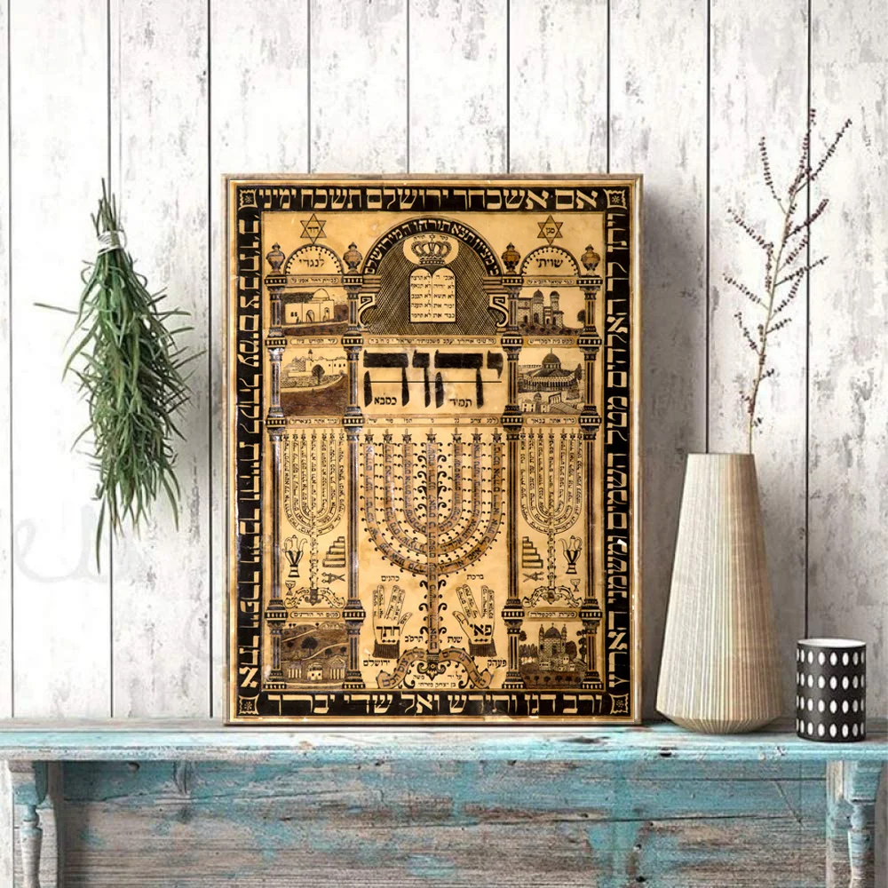 Hebrew Kabbalah Amulet Print Poster Shiviti Illustrations of The Holy Sites Bidspirit Judaica Canvas Painting Wall Art Decor