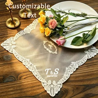 Customized Personalized Lace Rectangular Table Mat with Name and Date, Custom-Made White Embroidered Vintage French Lace Table Mat, Suitable for Wedding Anniversary Party Decoration, Custom Romantic Couple Motifs