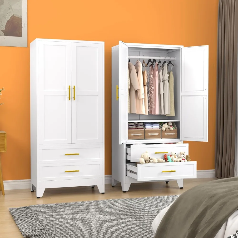 

Metal Armoire Wardrobe Closet, 71 "Metal Clothing Storage Cabinet with Adjustable Shelves and Hanging Rod, Household Steel Wardr