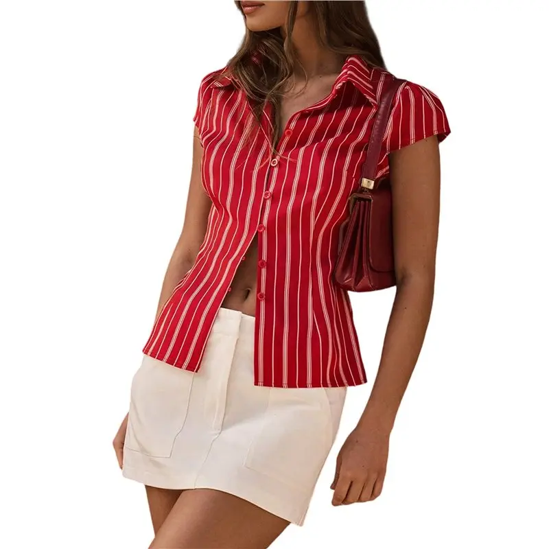 

CYL-Women's Striped Button Down Shirt Cap Short Sleeve Fitted Work Business Blouses