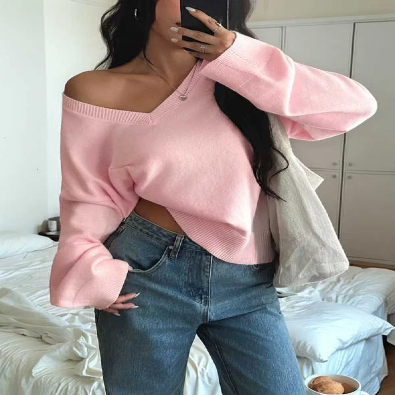 Novo outono inverno feminino camisola quente sólido com decote em v manga comprida pulôver de malha macio e confortável malhas roupas femininas