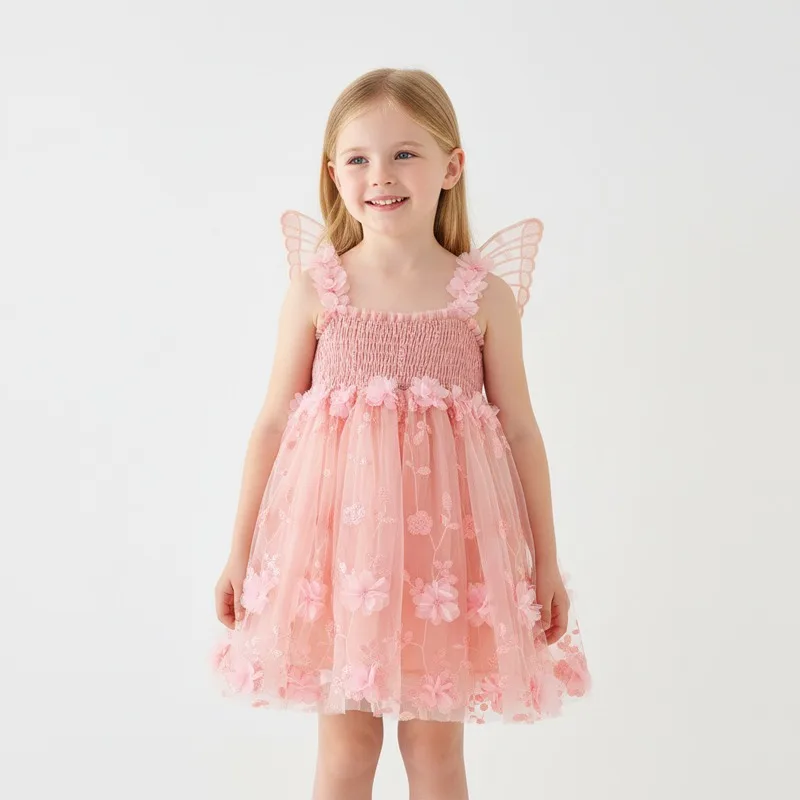 Girls Princess Tulle Flower Dress Sleeveless Fairy Wing Party Puffy Mesh Tutu Dress Embellished Birthday Wedding Dress
