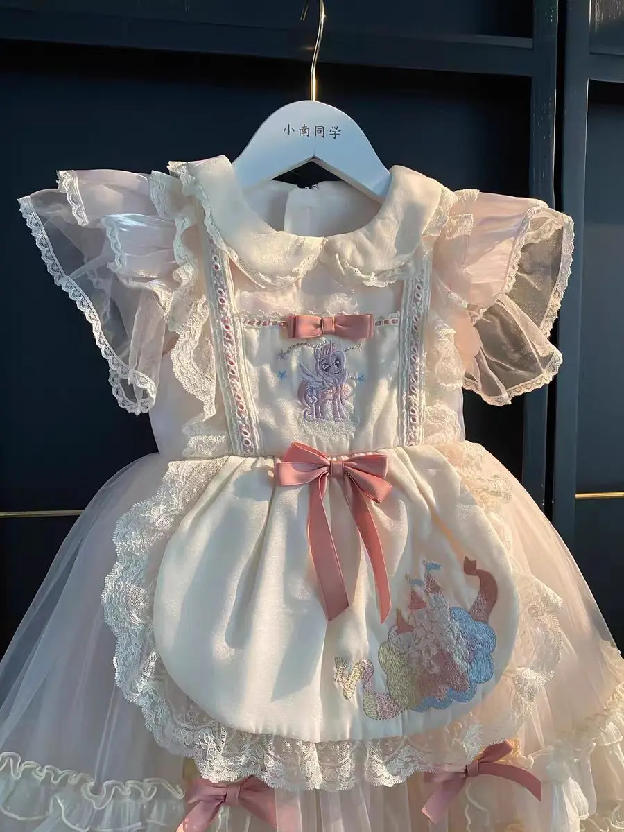 3 stücke Spanisch Kinder Prinzessin Kleid Eid Kleid Lolita Geburtstag Kleid Vitange Mädchen Maid Kleid 0-6years Blume Mädchen Kleider – Detail 2