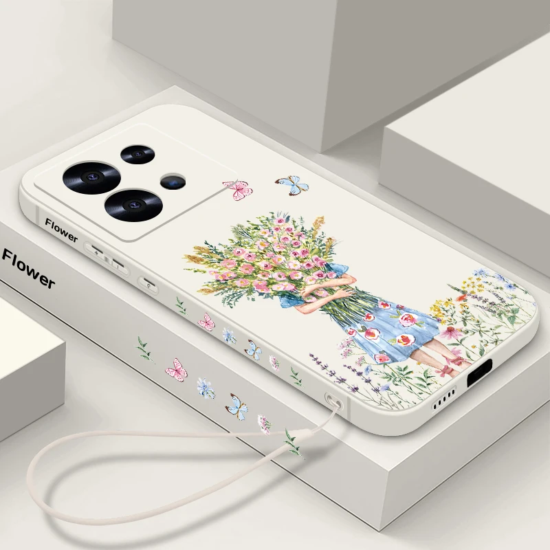 Luxury Girl Flower Lanyard Case For Xiaomi Redmi Note 13 12 11 10 Pro 4G 11s Poco F6 X6 X5 Mi 11 Lite 5G NE 11T 13 Pro Funda