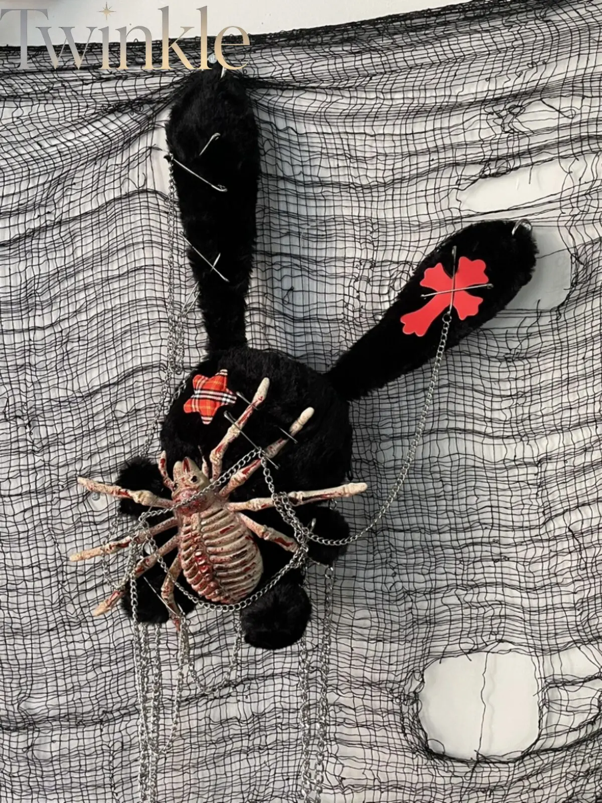 Gothic Lolita Plush Bunny Bag Handmade Dark Rabbit Doll Convertible Crossbody Backpack Shoulder Purse with Chain 3-Way
