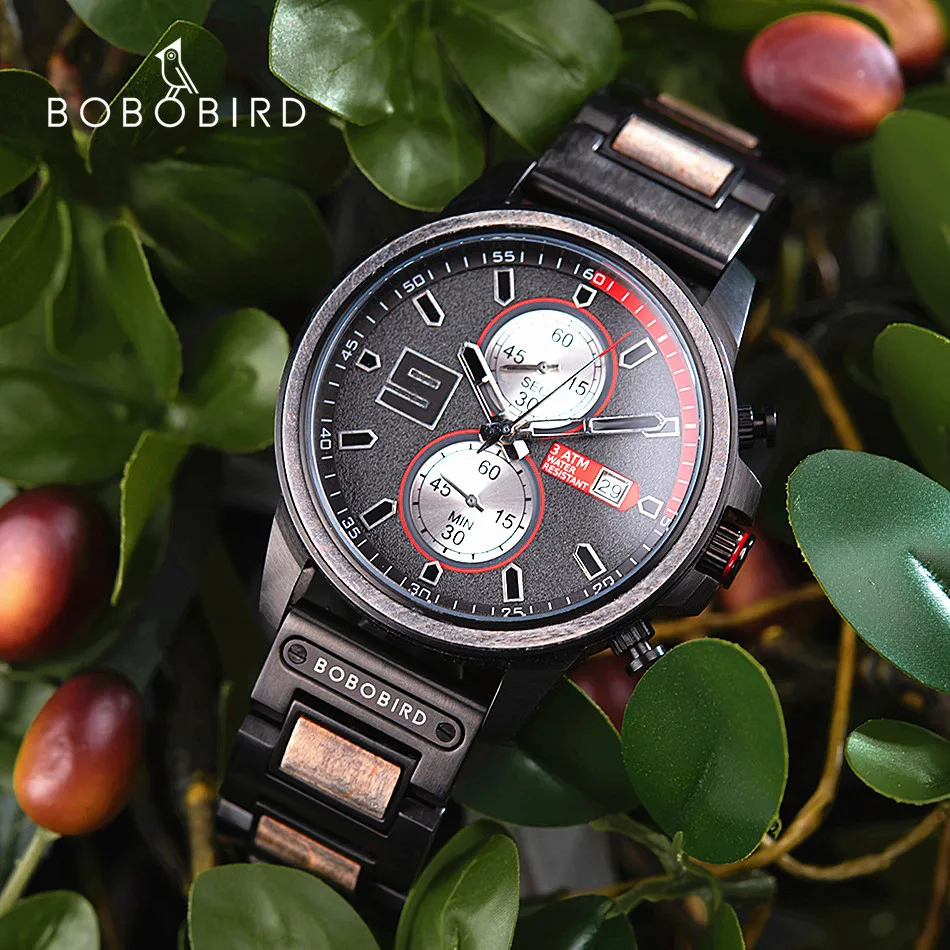 BOBO BIRD Men\'s Watch Stylish Wood & Stainless Steel Combined Quartz Watches Casual Wristwatch Dropshipping Logo Custom