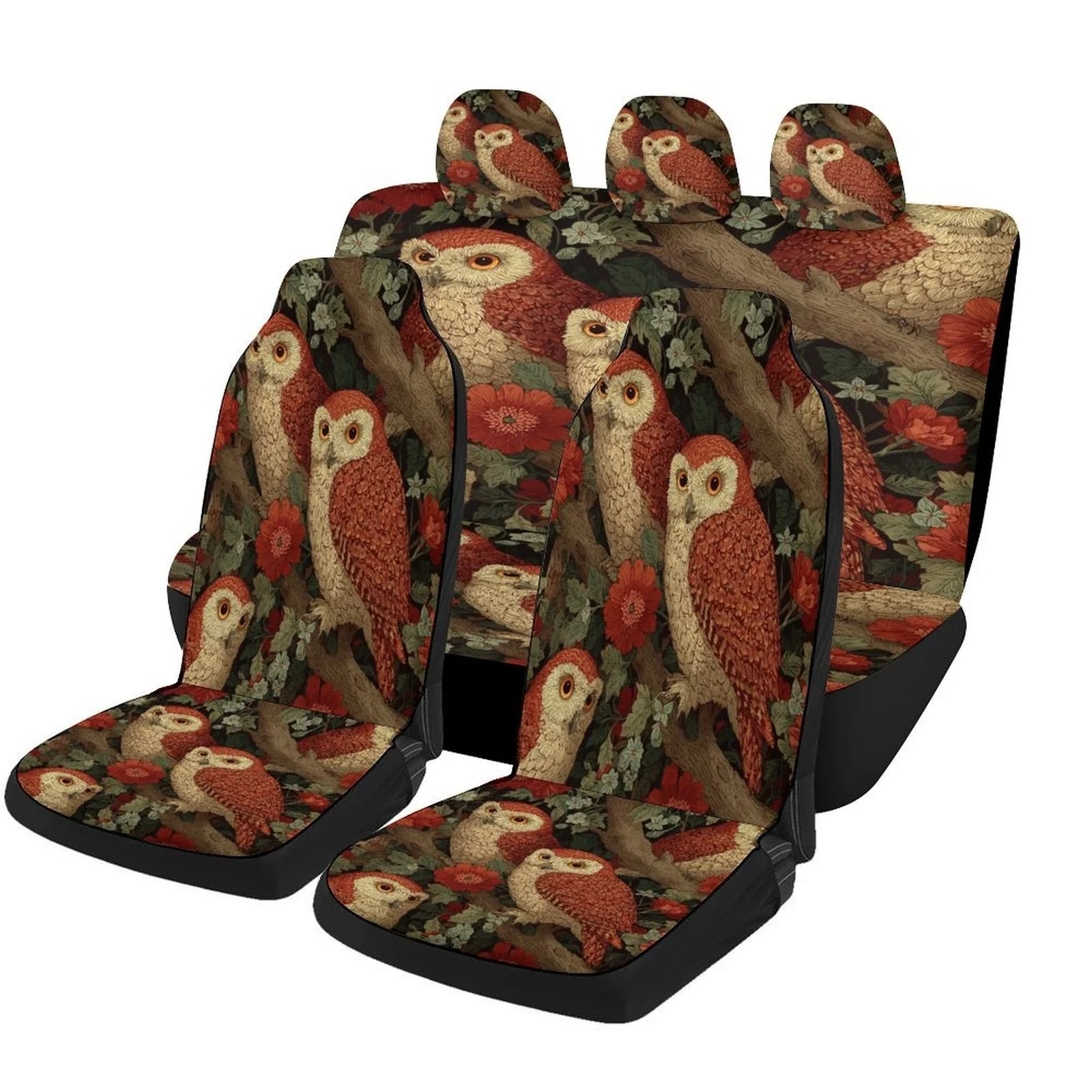 Set Of Car Seat Covers Featuring Owls And Blossoms, Suitable For Various Vehicles. Stylish And Unique, This Complete Set Include