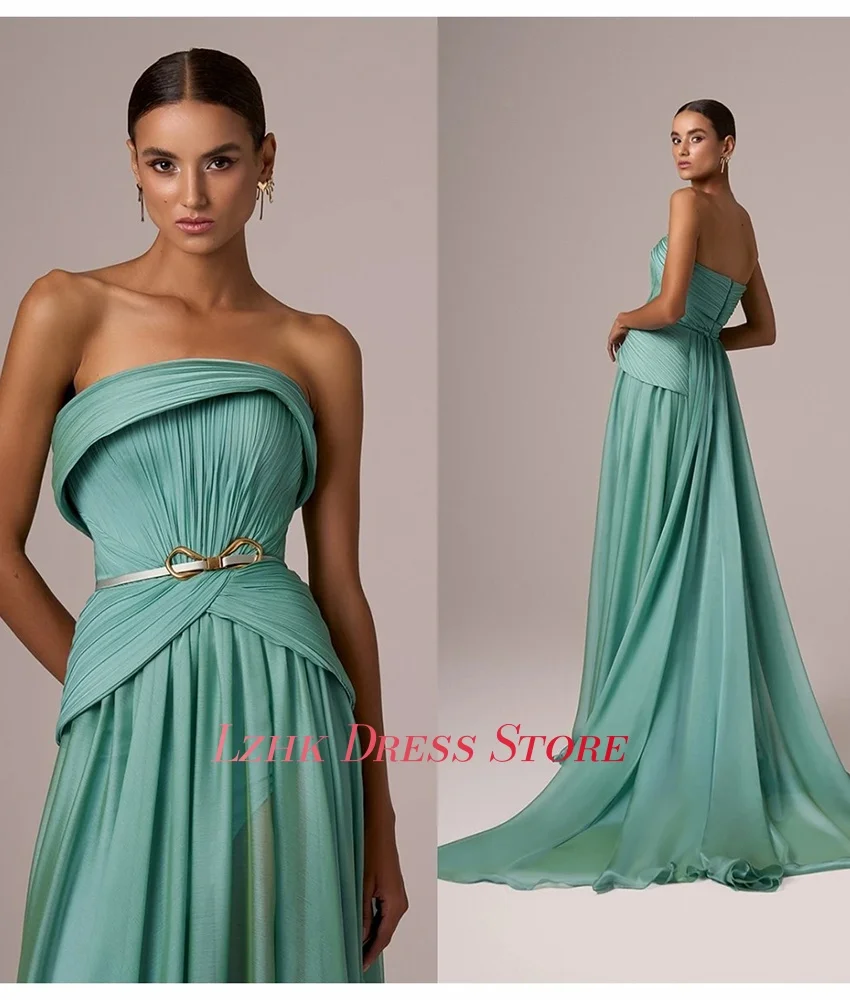 Abito da sera con cintura con fiocco 3D a trapezio in chiffon grazioso personalizzato Abiti da ballo lunghi senza maniche senza spalline di alta qualità