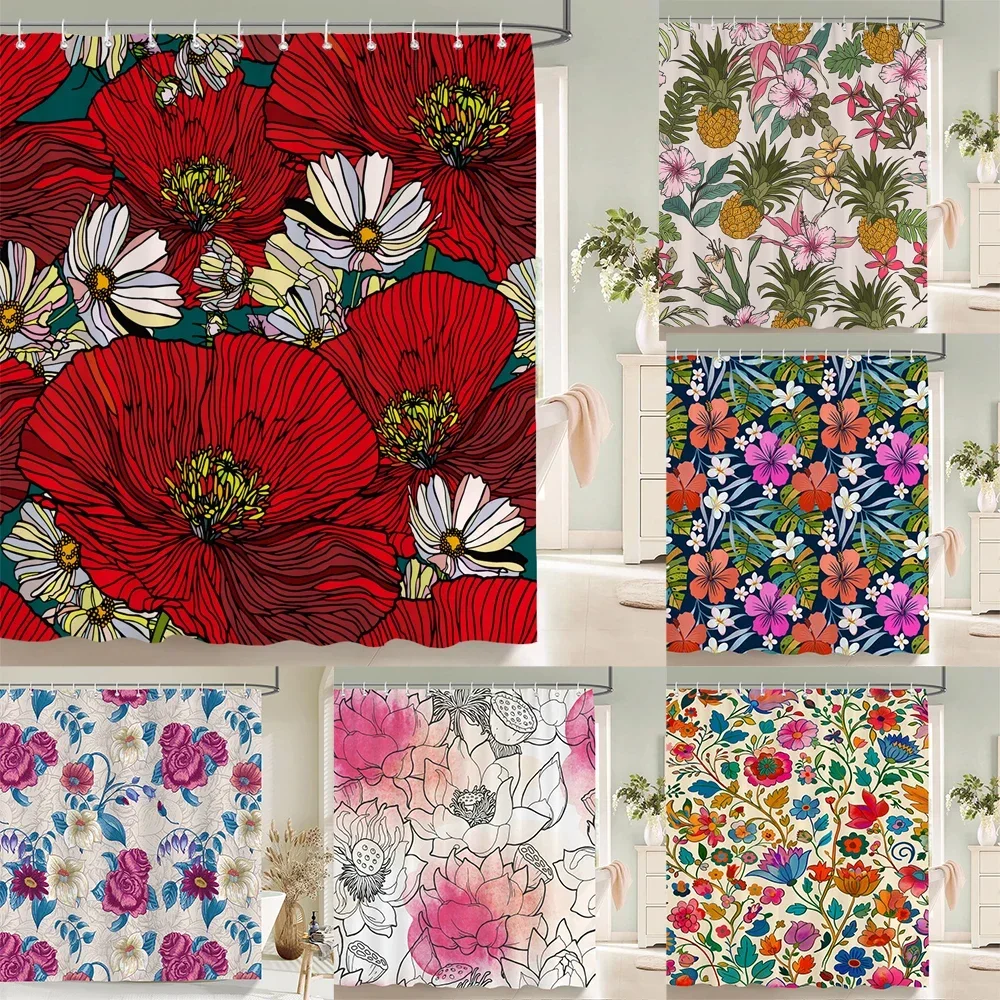 Red Poppy White Daisy Shower Curtain Bold Line Floral Dark Green Background Vintage Botanical Print Waterproof Fabric Bathroom C