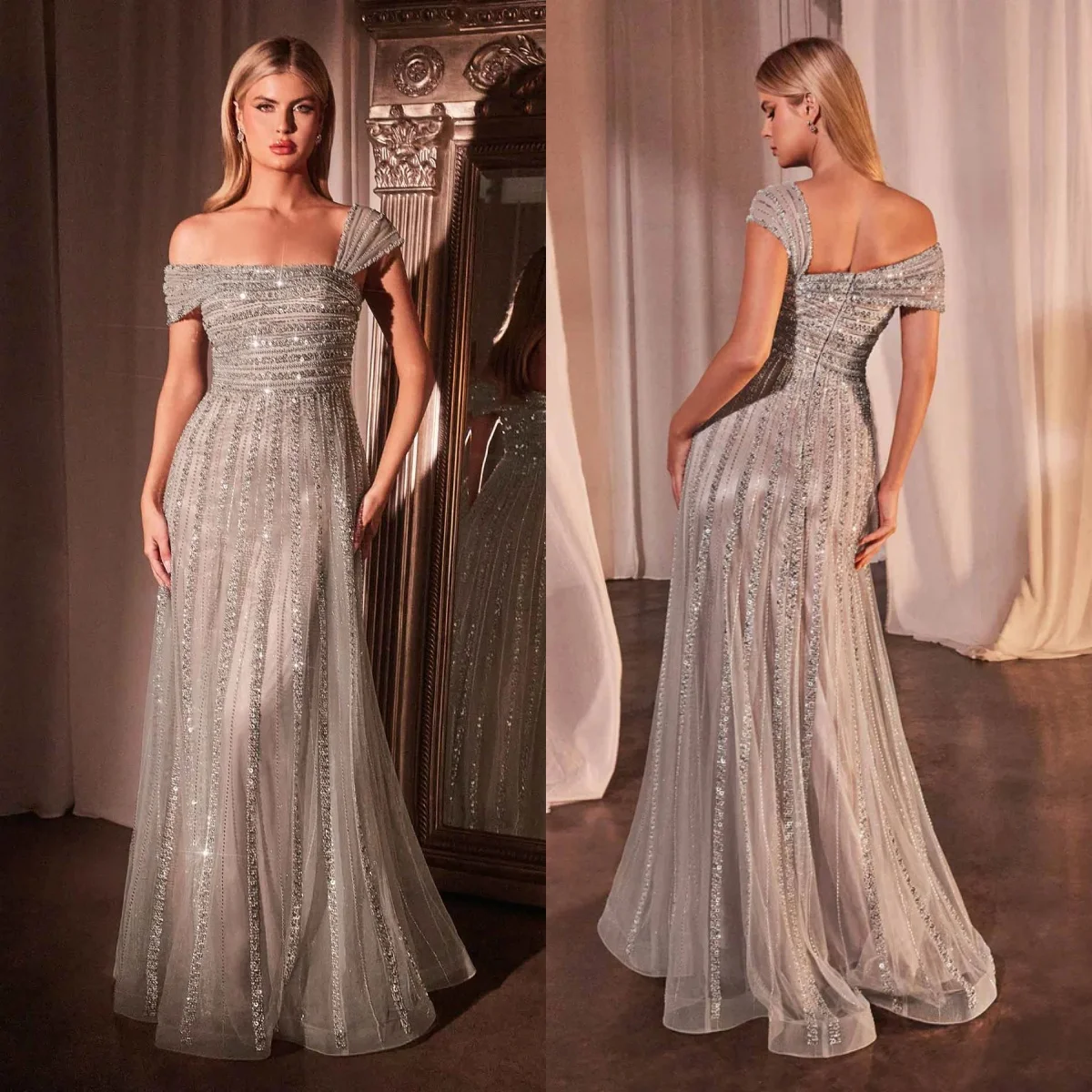 

Charming Silver Sparkle Single Shoulder Evening Dress Off Shoulder Beaded Elegant A-line Ball Dress Fashion Party Dress Custom