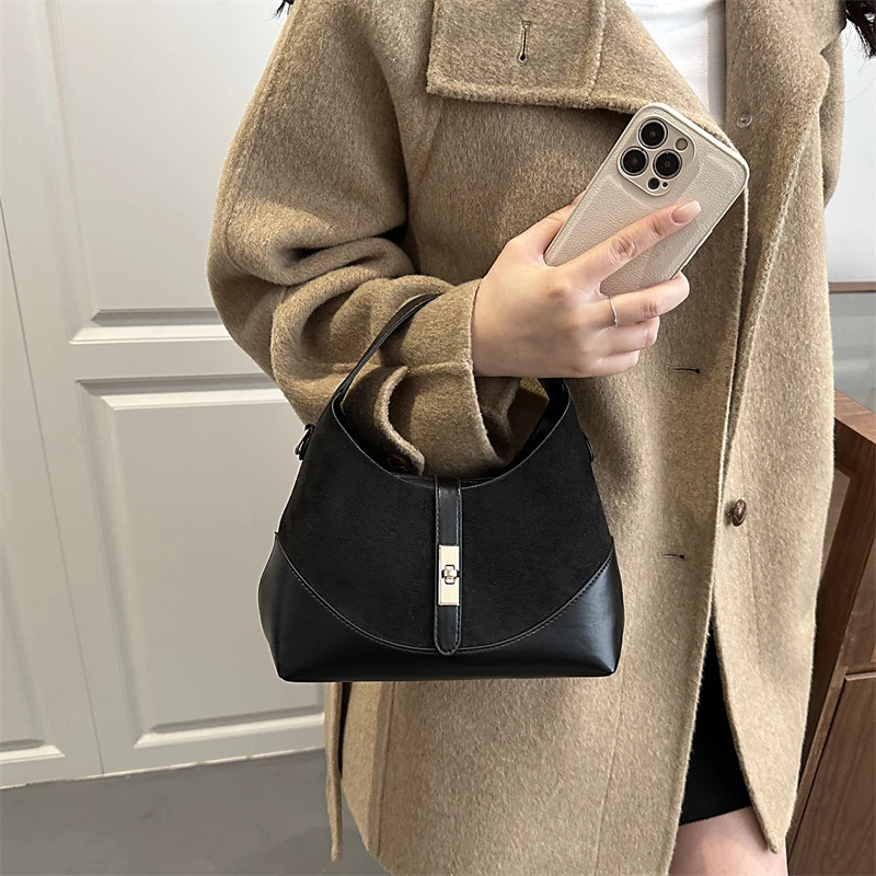 

2026 New Women Suede Vintage Shoulder Bags Luxury Women's Handbag Patchwork Small Half Moon Bag Lady Commuting Mini Tote Bags