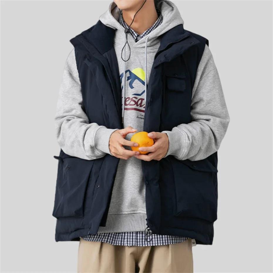 Winter Puffer Cargo Vest Men Thicken Warm Sleeveless Jacket Bubble Coat Men Oversized Harajuku Hip Hop Padded Jacket Down Coat