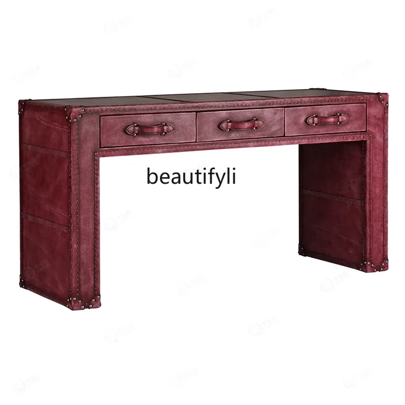 

Esmt163 Vintage LOFT computer desk with oil wax leather office desk American industrial style space aluminum writing desk