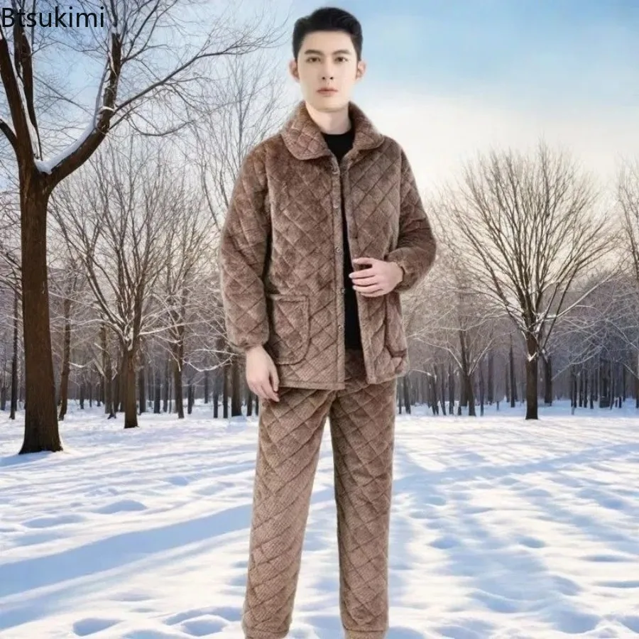 2026 Men's Winter Thickened Three-layer Coral Fleece Sleepwear Warm Home Clothes Set Ultra-thick Dad Pyjamas Home Comfortable