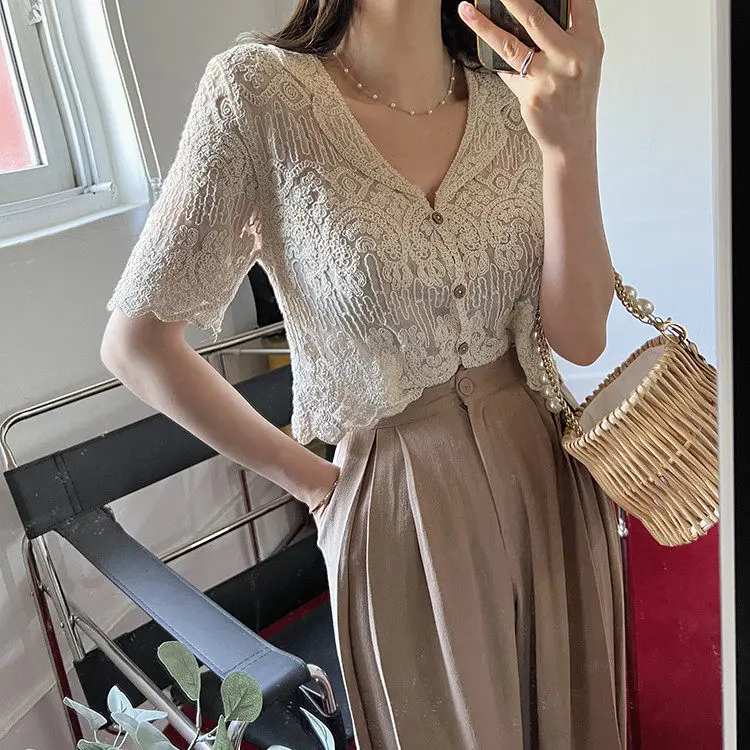 

Office Lady Elegant Button Up Lace Blouse Women Summer New Korean Fashion Casual Girls Cute Knitted Crop Top Female Dropshipping