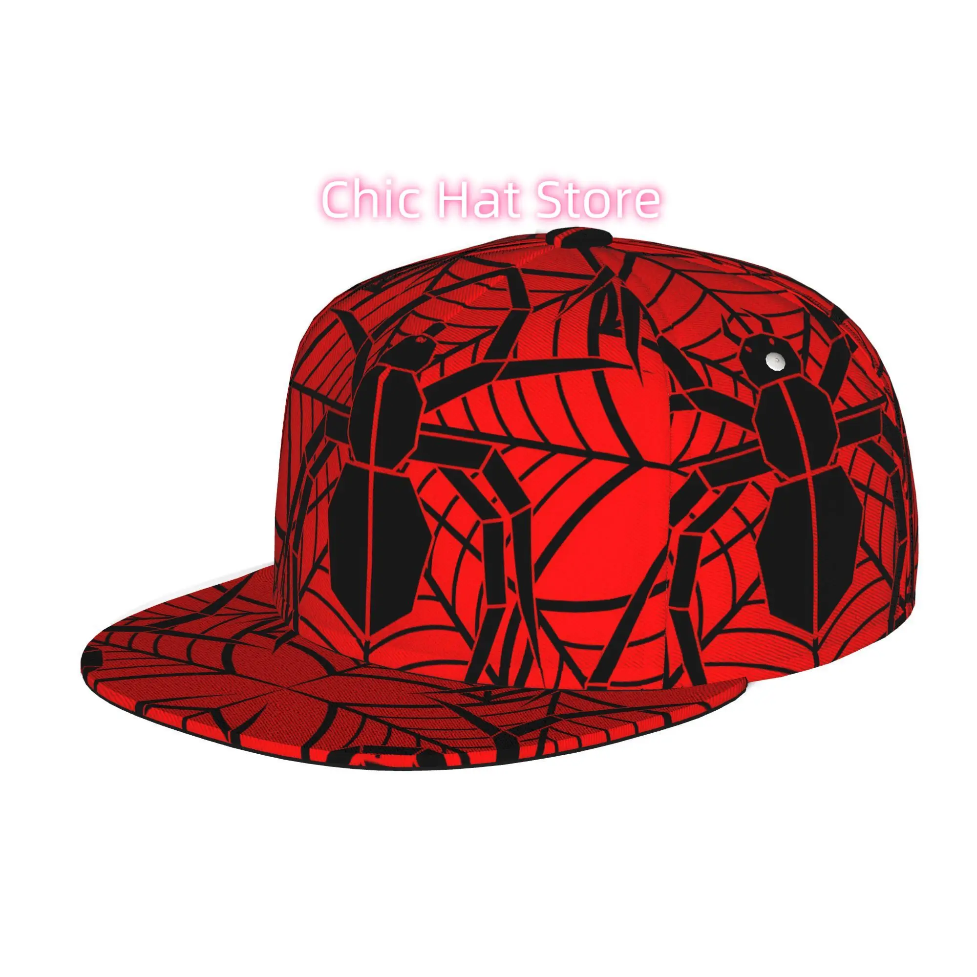 Spider on Web Red Background, Men Women Unisex Flat Brim Baseball Cap, Hip Hop Streetwear Snapback Trucker Hat for Skateboarding