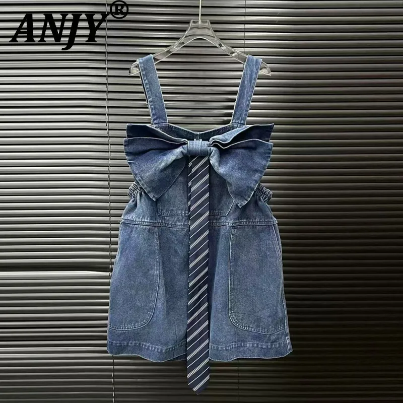 

ANJY 2025 Summer New Women Tide Niche Design Bowknot Denim Strap Dress Fashion Slim Loose Fisherman Dresses Elegant Chic A8148