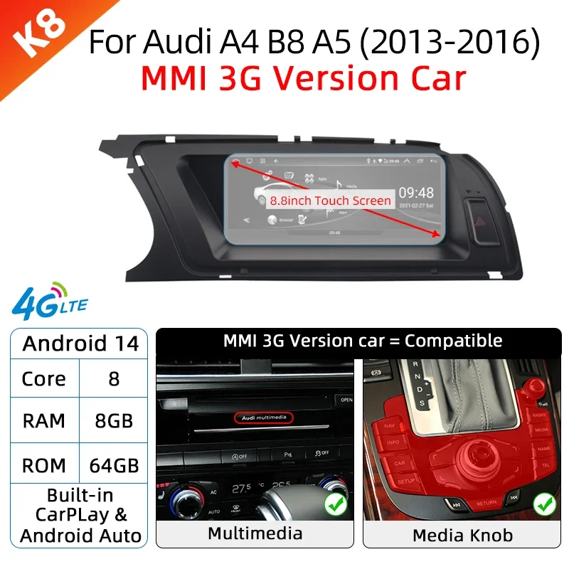 Android 14 8 + 64GB Auto Bildschirm Player Für Audi A4 B8 A5 2008-2017 MMI GPS Navi multimedia Stereo WIFI 4G Google CarPlay Radio