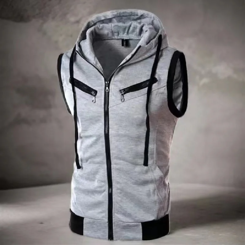 

New Men Hooded Vest Jacket Men's Hooded Sleeveless Zipper Vest Coat with Pockets Summer Waistcoat for Casual Style Zipper Pocket