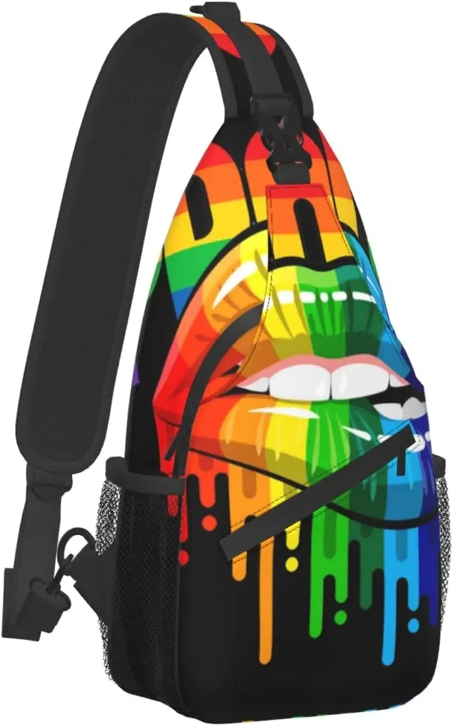 

Mens & Womens Shoulder Chest Sling Bags Lgbt Pride Lips Black Backpacks for Travel Running Fashion Casual Crossbody Bags