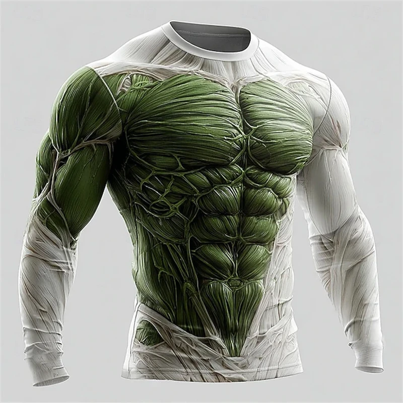 2026 Neues Herren 3D-Muskel-Print Langarm-T-Shirt Fitness Rundhals Atmungsaktive Sportbekleidung Stylische Auffällige Alltags-Streetwear – Detail 7