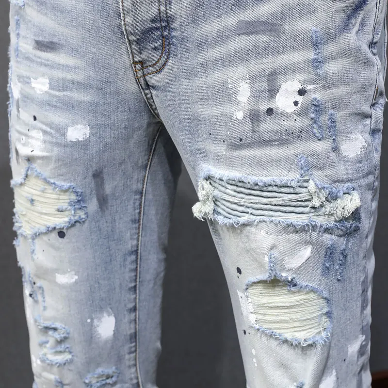 Y2K fashionable new men's jeans, painted, washed, nostalgic, stretchy, slim fit, light blue jeans, high street hip-hop br