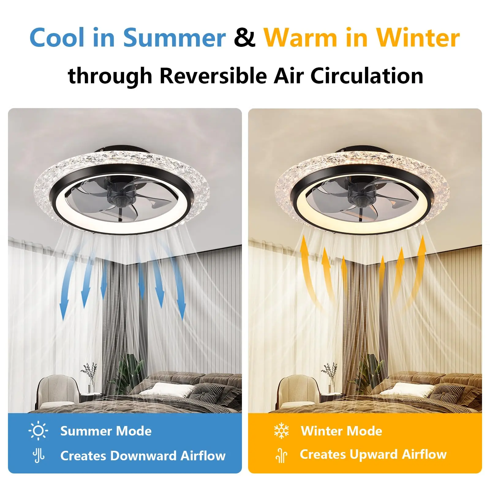 Modern LED Ceiling Fan with Light and Remote Control Crystal Lustre Nordic Style Electric Fan Lamp for Home Rooms Bedroom