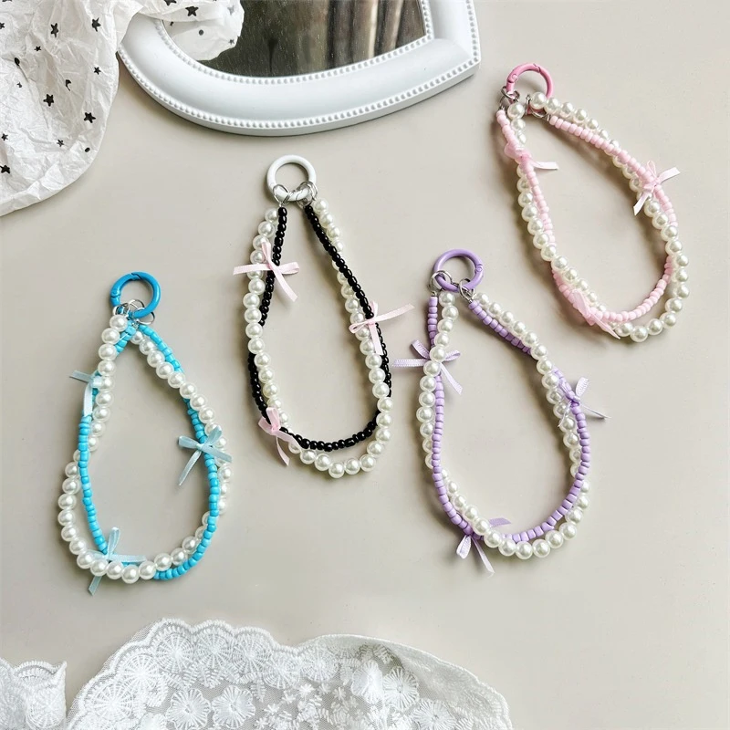 Bow Pearl Beads Phone Lanyard Double Chain Anti-Loss Phone Straps Wristband Bag Camera Keychain Pendant For Iphone Huawei Xiaomi