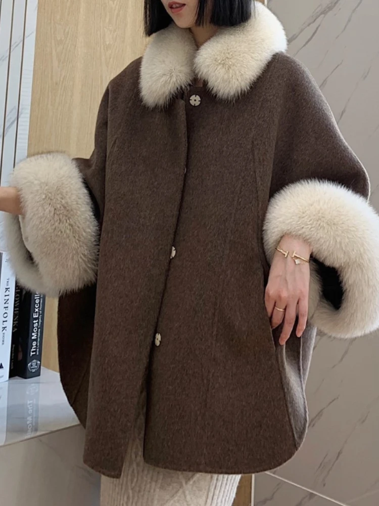 

2023 New Winter Jacket Women Natural Fox Fur Collar Real Fur Coat Cashmere Wool Bat Sleeve Ladies Outerwear Streetwear