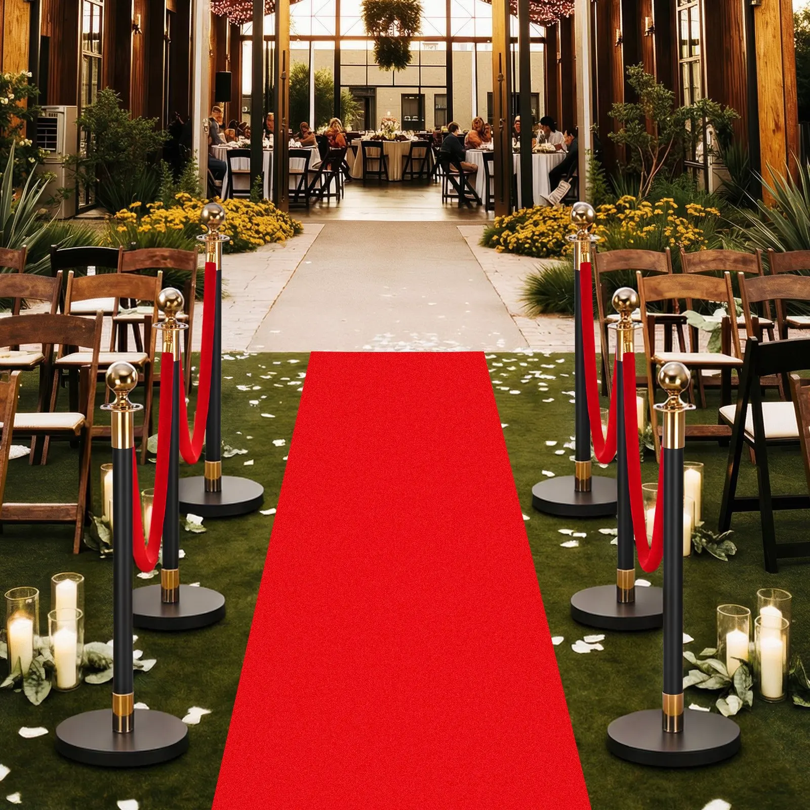 

Stanchion Post, 6 Pcs Crowd Control Barrier Set with Red Carpet, 4 Red Velvet Ropes, Stainless Steel Gold Stanchion Post Queu