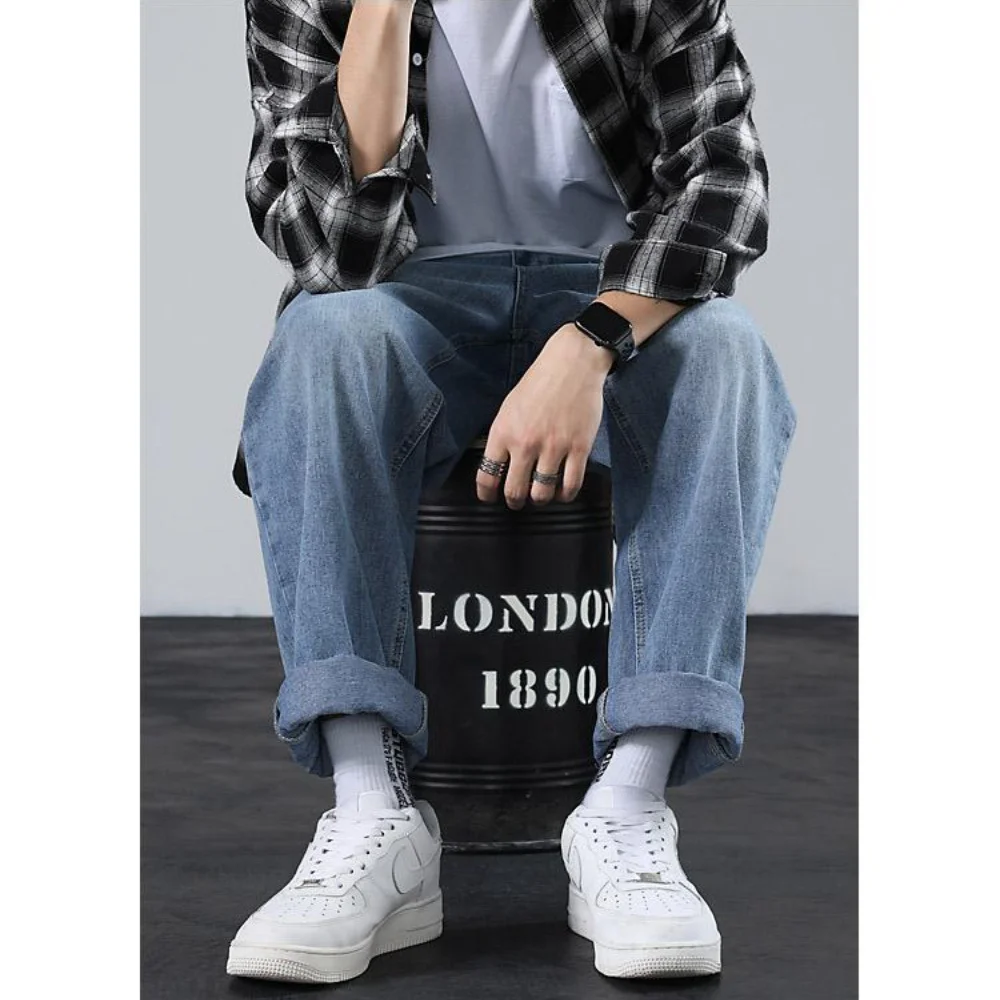 2022 Autumn New Streetwear Baggy Jeans Men Korean Fashion Loose Straight Wide Leg Pants Male Brand Clothing Black Light Blue