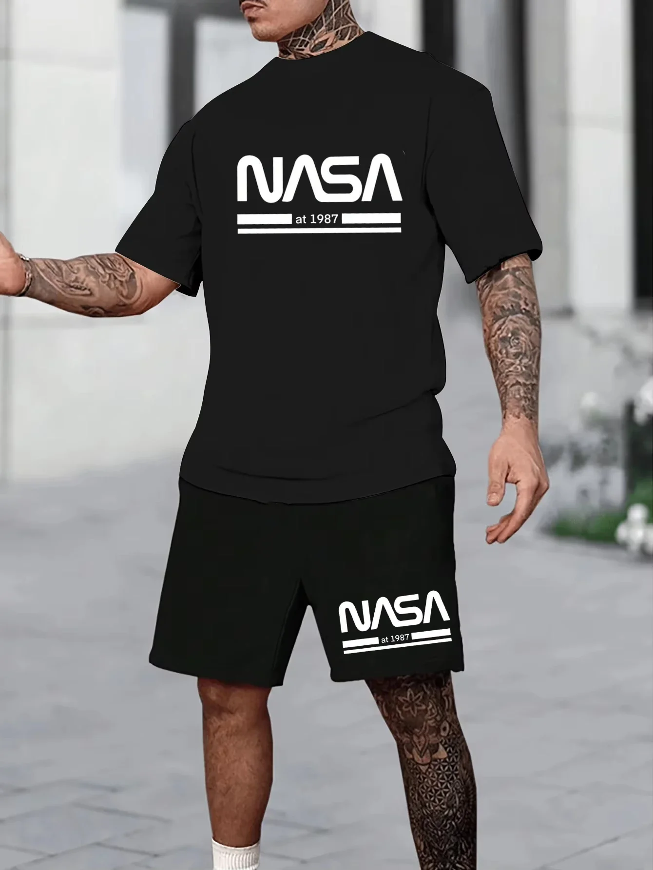 2025 الرجال الصيف 100 القطن موضة عادية فضفاض تي شيرت مجموعة إلكتروني الطباعة الرياضة طاقم الرقبة تي شيرتات قصيرة الاكمام السراويل #2
