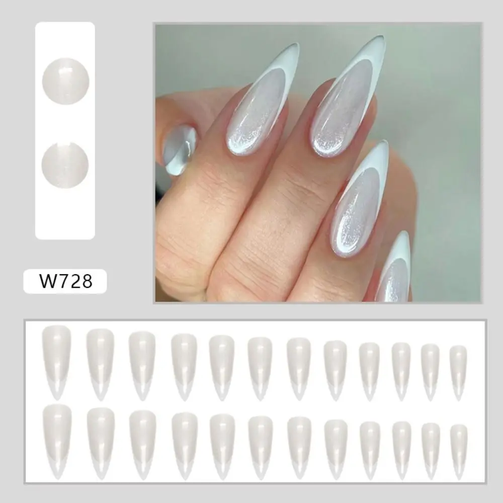 New Long Stiletto False Nails French Aurora Nail Tips Full Cover White Black Love Heart Fake Nails Women Girls