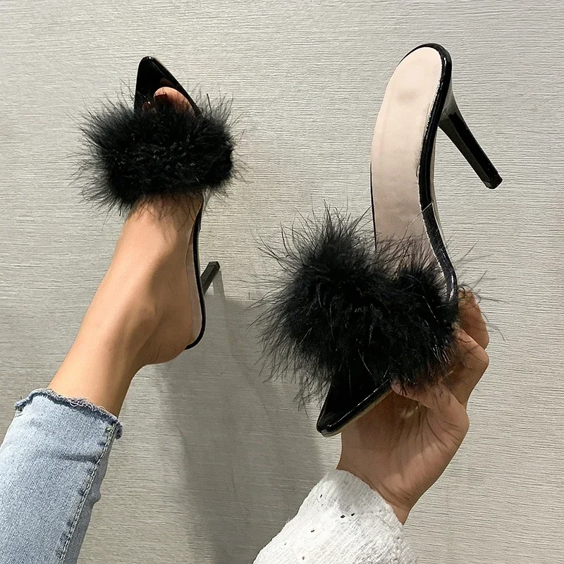 

Women's High Heel Slippers Female 2024 Summer New European and American Large Heel Slim Heel Plush Pointed Slippers Female