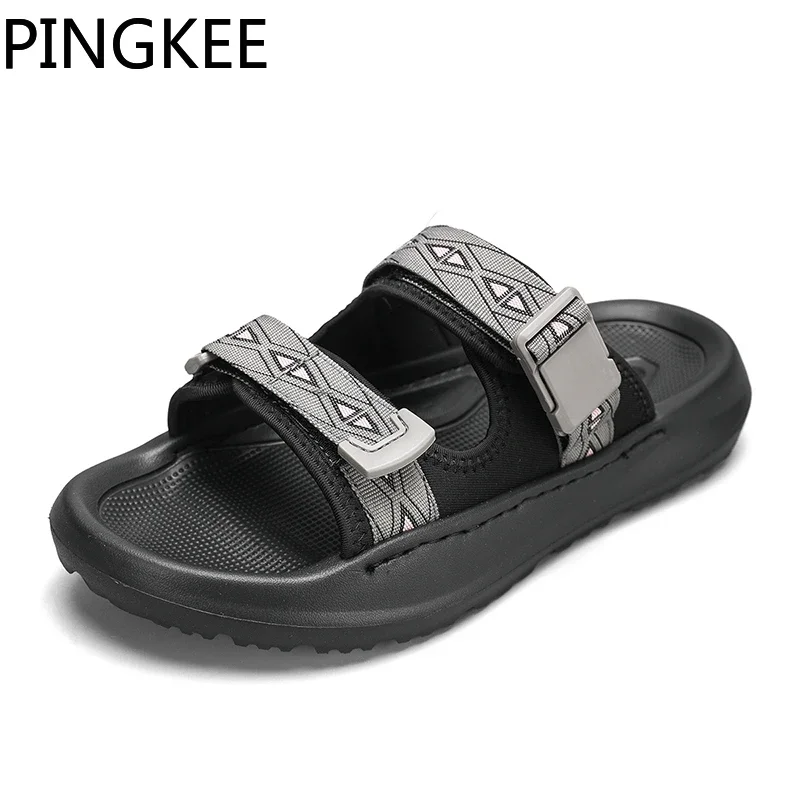 PINGKEE Geometric Print Upper EVA Midsole Straps Pin Buckles Shoes For Men Sandals Rubber Traction Hiking Flip Flops Mens Shoes