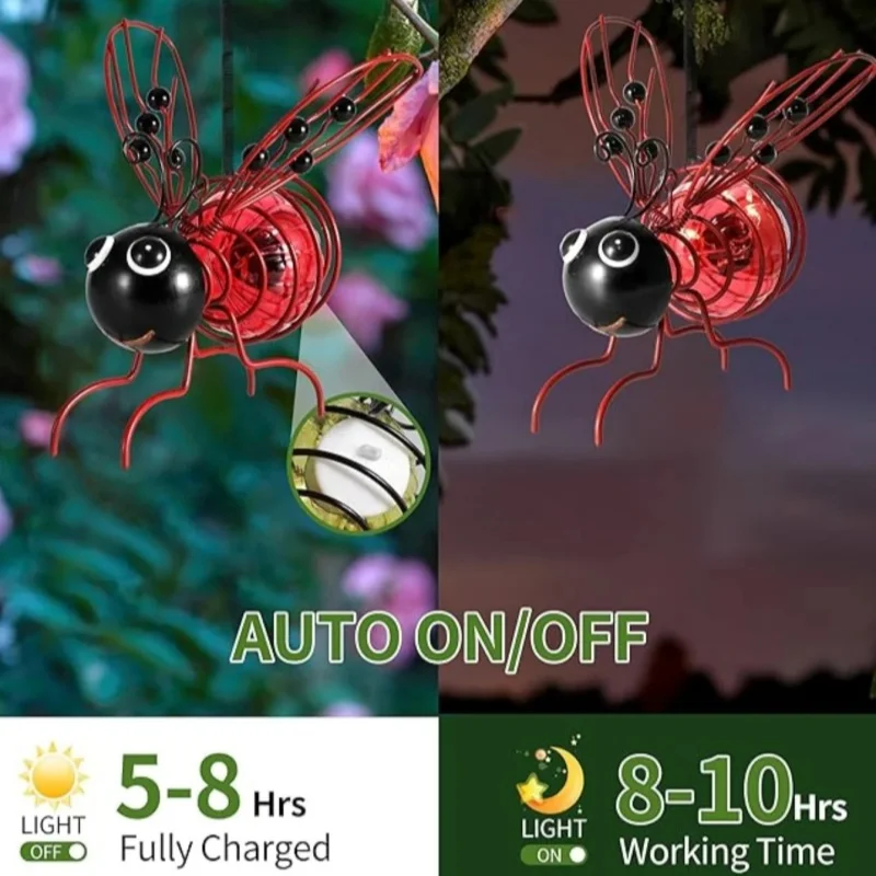 6 STKS Solar Hangende Bijenlichten Metalen Verlichting met Lente Bounce Tuin Decor Achtertuin Veranda Solar Insect Lights Woondecoratie
