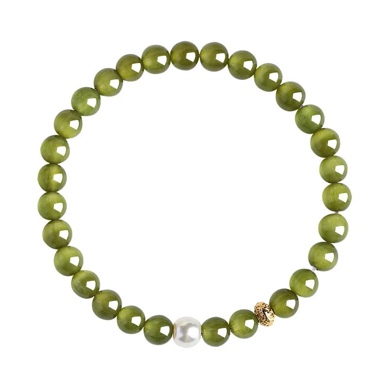 chinese-style-olive-green-natural-cat-eye-stone-6mm-single-loop-bracelet-for-women-vintage-pearl-lucky-blessing-wealth-attractin