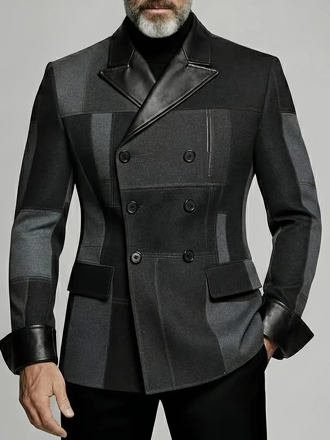

Men's Colorblock Patchwork PU Peak Lapel Long Sleeve Double Breasted Pockets Blazer
