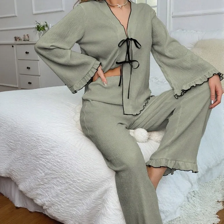 النساء منامة الفرنسية الرجعية الحلو سيدة الخامس الرقبة الدانتيل متابعة سترة طويلة الأكمام فستان أطفال مع سروال داخلي بيجامة تنفس مريحة ملابس المنزل مجموعة