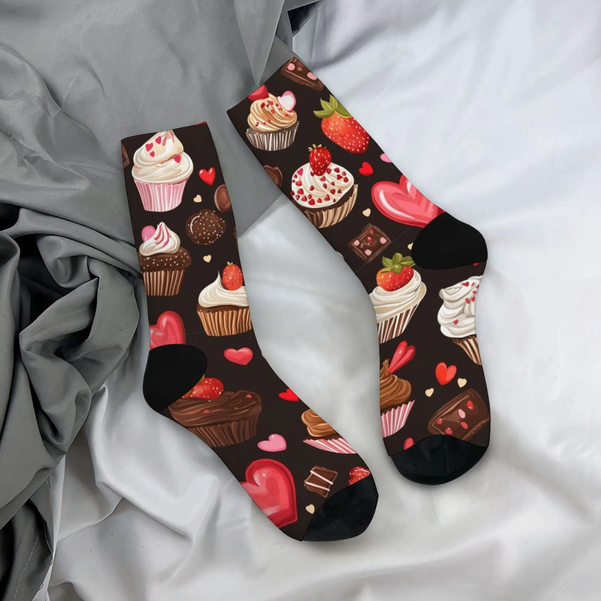 1 par de calcetines de moda para parejas con temática gourmet, cómodos y transpirables, perfectos para salidas, dátiles, calcetines a media pantorrilla con estampado de postre Retro