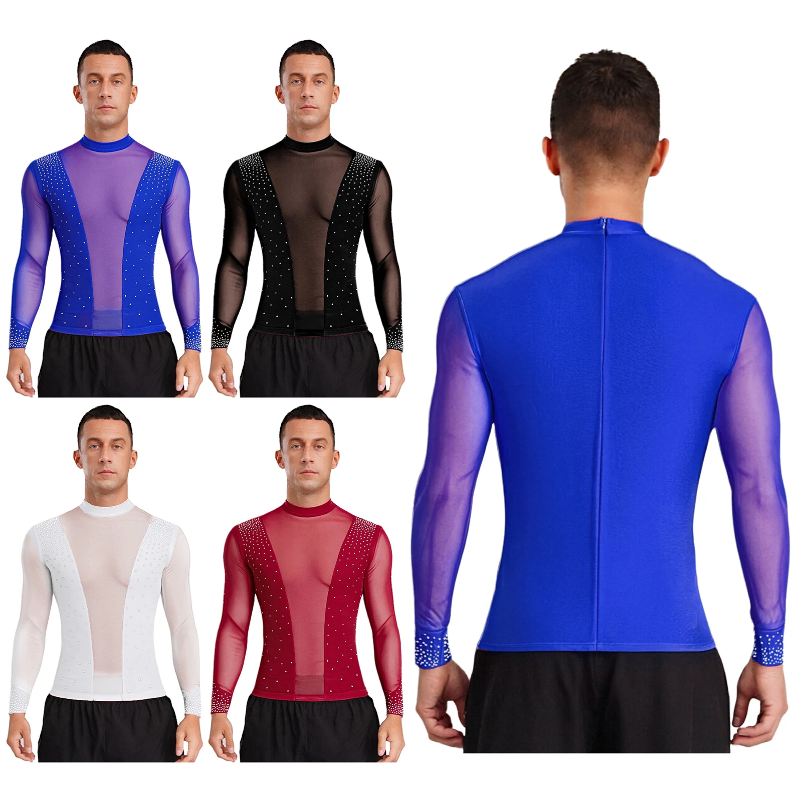 

Men Latin Rumba Dance Sheer Mesh Blouse Performance Costume Long Sleeve Shiny Rhinestones T-shirt for Ballet Chacha Tango Jazz